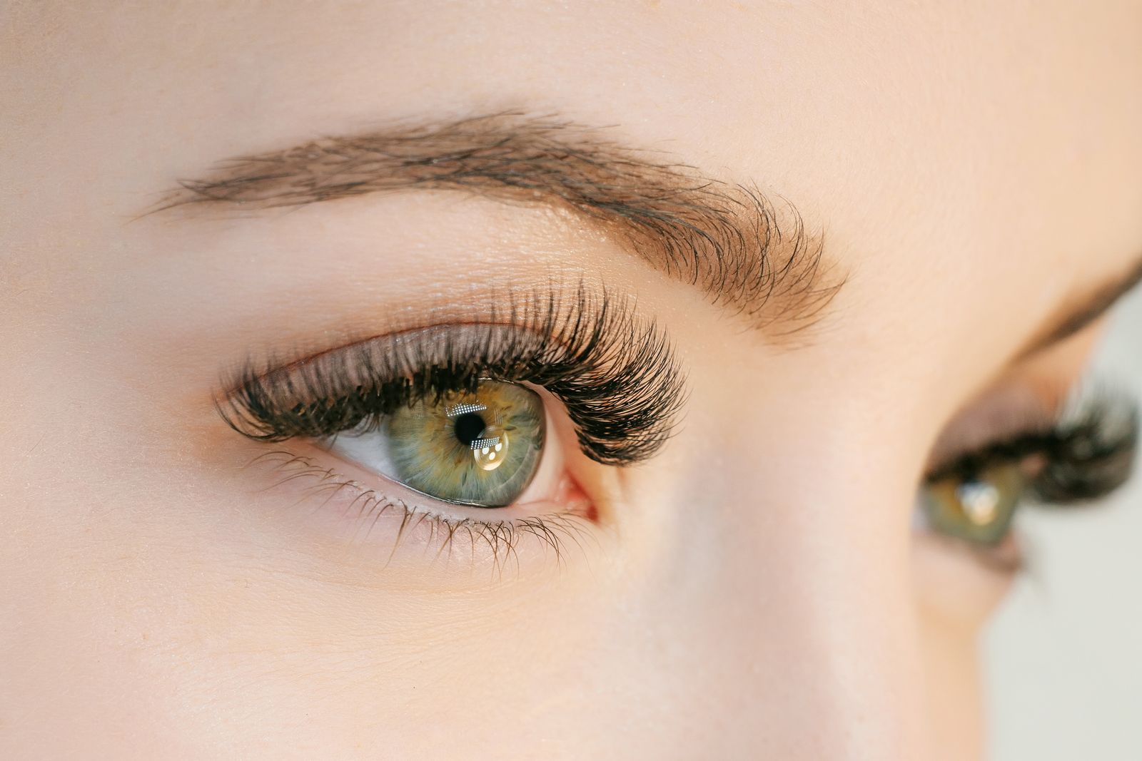 Close-up of an eye, showing a shaped brow and tinted lashes.
